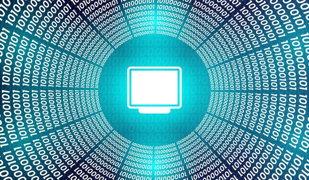 Glowing computer monitor centered in blue binary tunnel creating digital data flow abstract bac