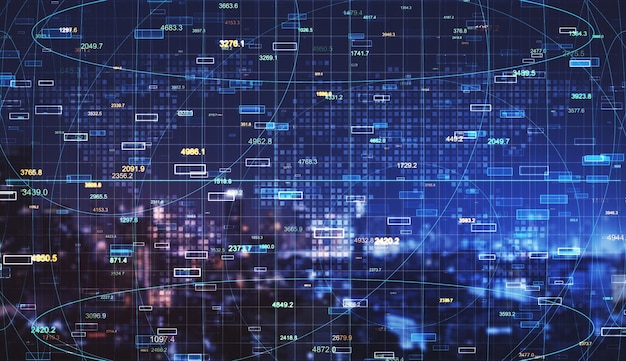 Glowing forex chart on blurry night New York city background with grid Finance and market concept Double exposure