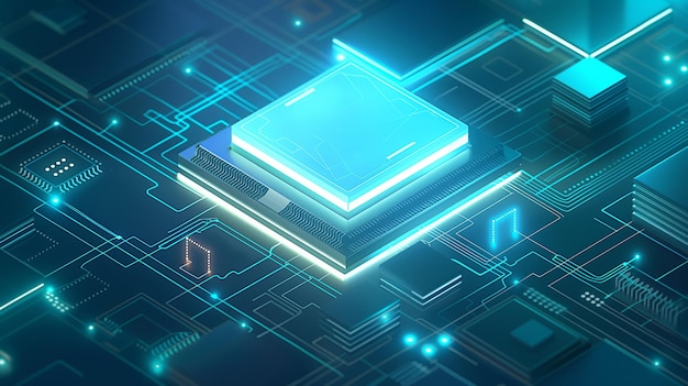 glowing neon ai chip on technology background