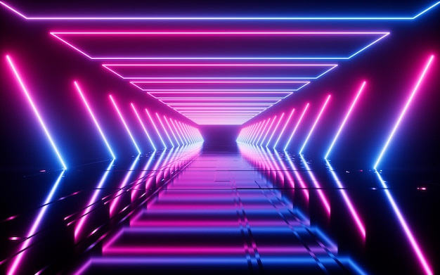 Glowing neon tunnel Abstract neon lines science fiction background 3d rendering