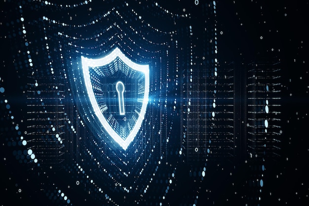 Glowing polygonal web security shield hologram on blurry wallpaper Digital interface and protection concept 3D Rendering