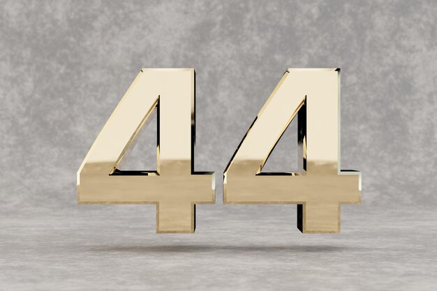Gold 3d number 44. Glossy golden number on concrete background. Metallic digit with studio light reflections. 3d render.