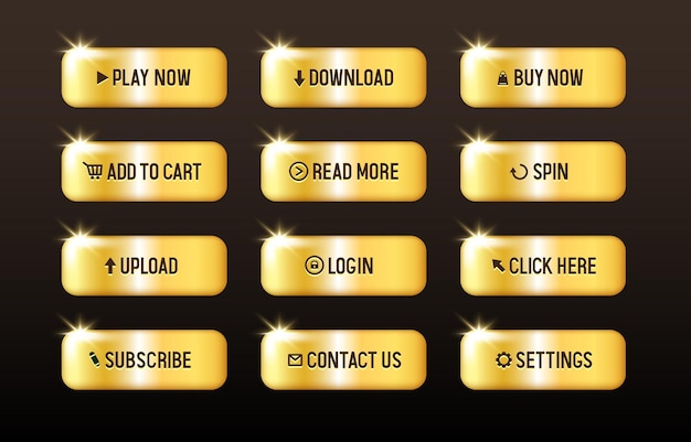 Gold buttons for user interface Vector set isolated on dark background