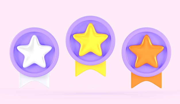 gold silver and bronze medals with stars and ribbons sign of quality guarantee isolated on pink background 3d render award badges trophy or winner prize cartoon rating icons set 3d illustration