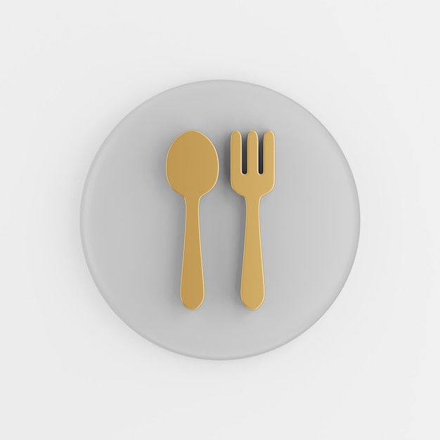 Golden fork and spoon icon in flat style. 3d rendering gray round button key, interface ux ui element.