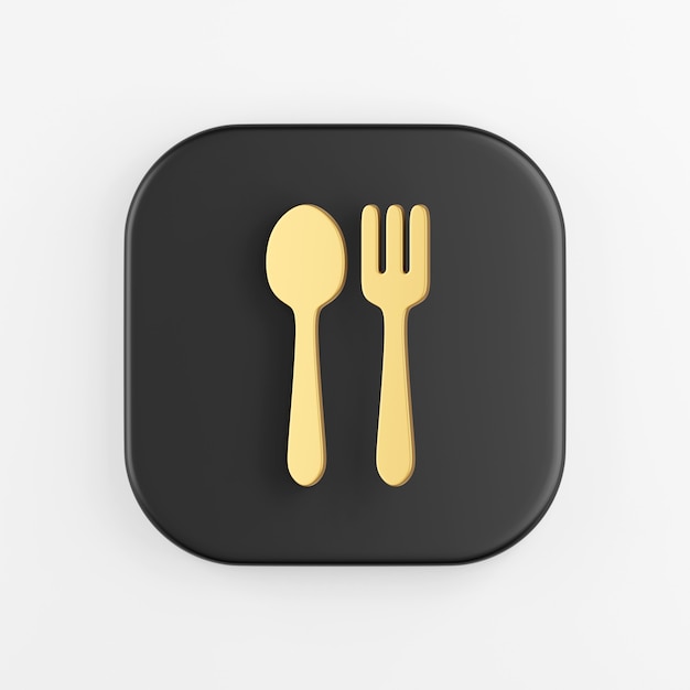 Golden spoon and fork icon in flat style. 3d rendering black square button, interface ui ux element.