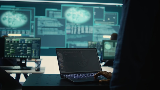 Governmental hackers at work monitoring cyber threats in high tech agency
