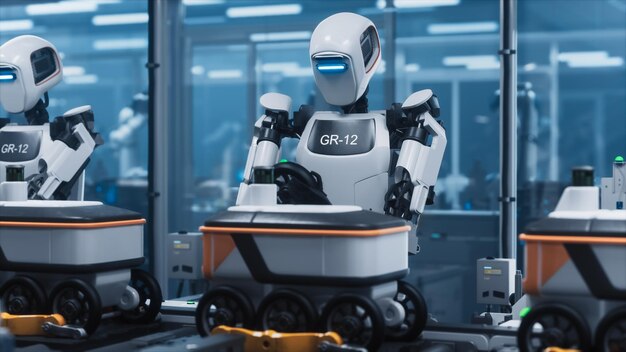 GR12 Robot in HighTech Factory Autonomous Robot Assisting with Manufacturing Process Transporting Items in Automated Production Line Precision Robotics Enhancing Industrial Workflow