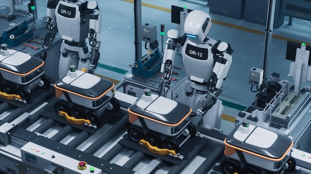 GR12 Robot in HighTech Factory Autonomous Robot Assisting with Manufacturing Process Transporting Items in Automated Production Line Precision Robotics Enhancing Industrial Workflow