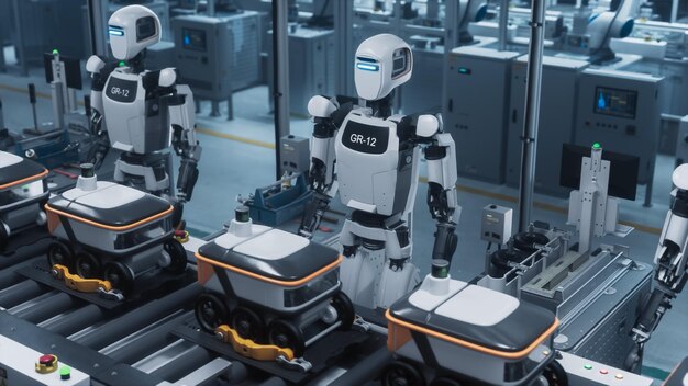 GR12 Robot in HighTech Factory Autonomous Robot Assisting with Manufacturing Process Transporting Items in Automated Production Line Precision Robotics Enhancing Industrial Workflow