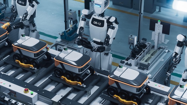 GR12 Robot in HighTech Factory Autonomous Robot Assisting with Manufacturing Process Transporting Items in Automated Production Line Precision Robotics Enhancing Industrial Workflow
