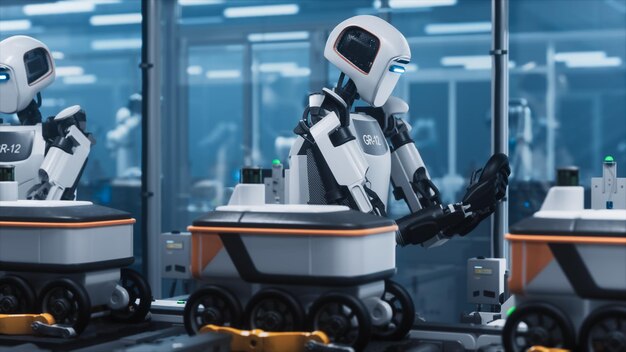 GR12 Robot in HighTech Factory Autonomous Robot Assisting with Manufacturing Process Transporting Items in Automated Production Line Precision Robotics Enhancing Industrial Workflow