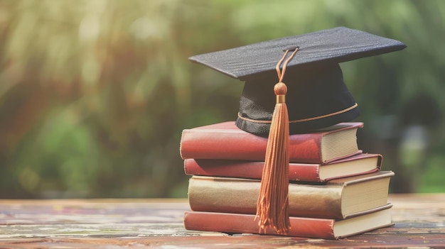 graduation hat and pile of books on a wooden table with a background of green leaves exposed to sunlight