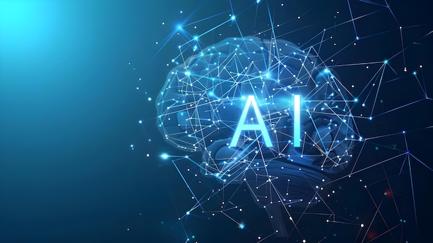 graphic of a digital brain and human head outline made from circuit board connecting on blue