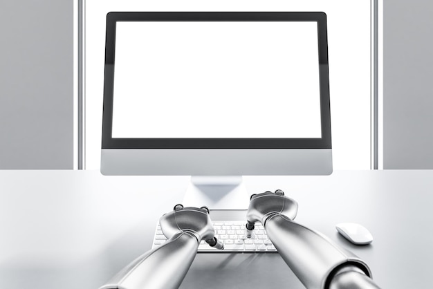 gray robot hands typing on computer keyboard. white mock up computer screen standing on white table. 3d rendering
