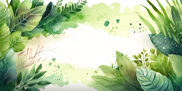Green leaf frame empty text copy space banner template, green natural watercolor painting banner