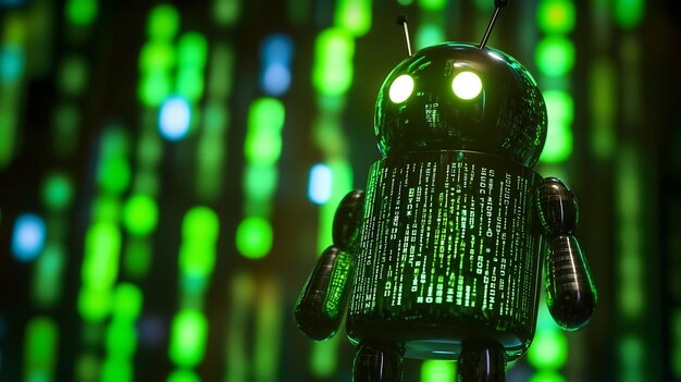 Green robot on the background of the binary code 3d rendering