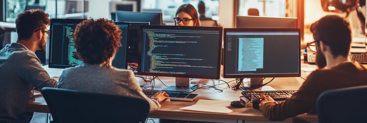 Photo group of developers working together on code in a modern office setting with multiple screens collaboration and teamwork in software development
