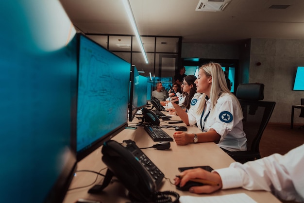 Group of female security operators working in a data system control room Technical Operators Working at workstation with multiple displays security guards working on multiple monitors in surveillan
