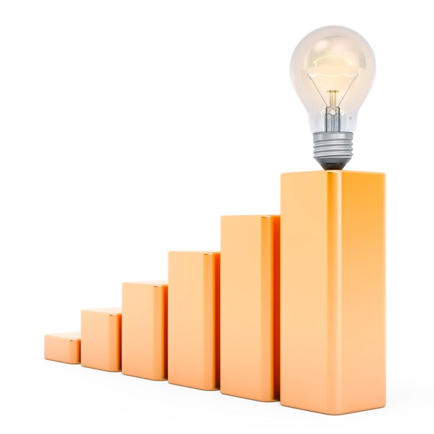 Growing chart with light bulb 3D rendering