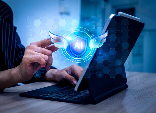 Guardian agents concept AI shield with wings and padlock icons appear while person work with computer AI agents working to monitoring with optimize and enhance the performance of digital business