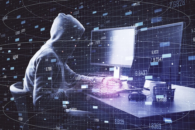 hacker at desktop using laptop with abstract digital big data interface hacking and ai concept multiexposure