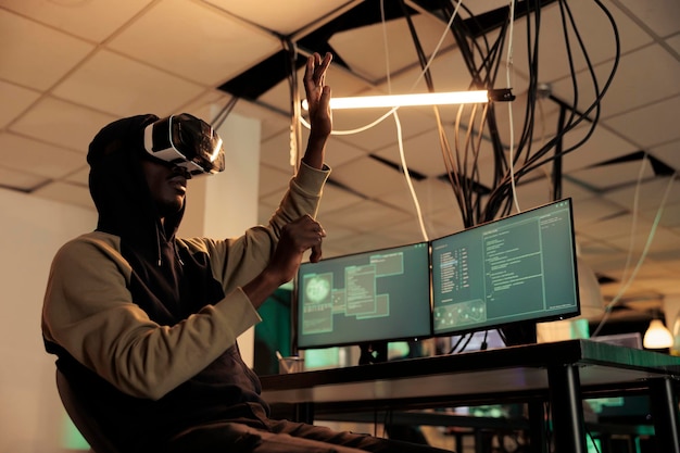 Hacker breaking into databse in vr spyware coding experience