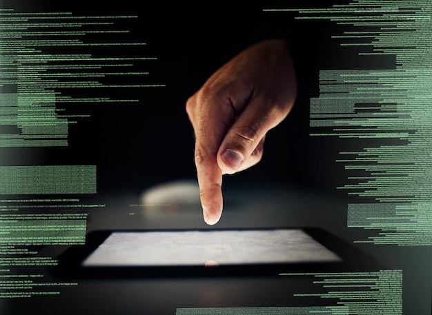 Hacker coding and finger in night with tablet hologram and information technology criminal and person Screen illegal and programming of database overlay and closeup of cyber security with click