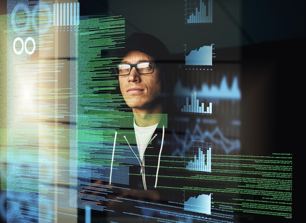 Hacker coding and man in night with software hologram and information technology criminal and typing Dark illegal and programming of database overlay and risk of cyber security in office