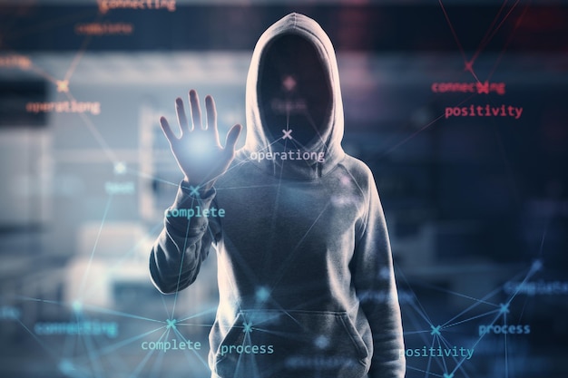 hacker hand using creative process stages mesh hologram on blurry office interior background hacking system and software concept double exposure