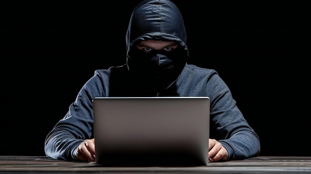 Hacker in balaclava sitting at laptop against black background symbolizing cyber security or digita