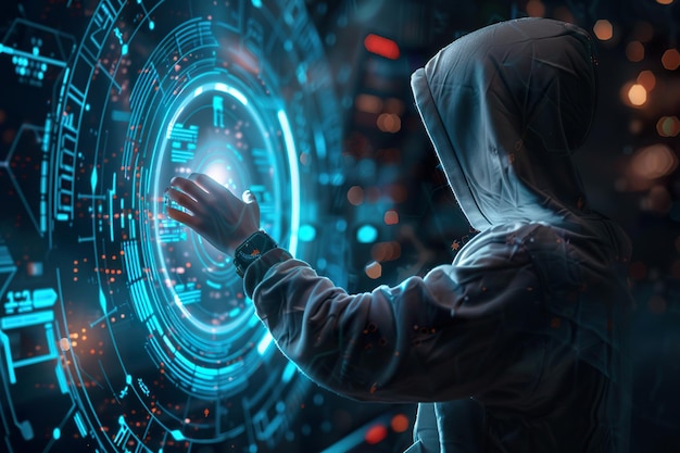 hacker in hood using futuristic touchscreen interface technology