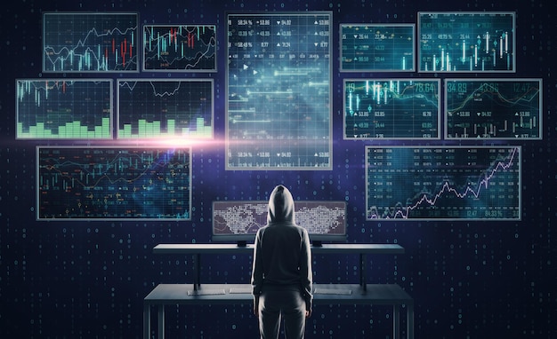 hacker in hoodie standing at desk with digital financial interface hacking and trade concept
