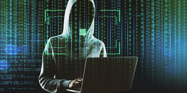 Hacker in hoodie using laptop on abstract binary code background with face recognition interface Hacking ID and innovation concept Double exposure