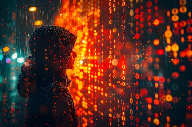 Hacker Infiltrating Secure Network with Cascading Binary Code and Vibrant Dystopian SciFi Interface