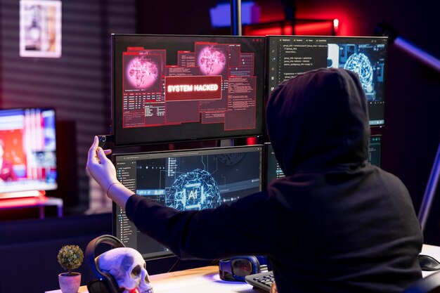 Hacker inserting flash drive in pc to bypass security using exploit doing covert operations rogue