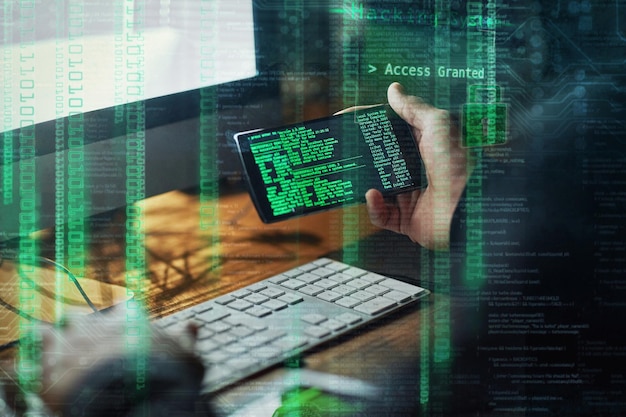 Hacker man hands and phone screen for software malware code access and password success in dark room with digital overlay Online crime cyber thief and coding person hacking mobile app on computer