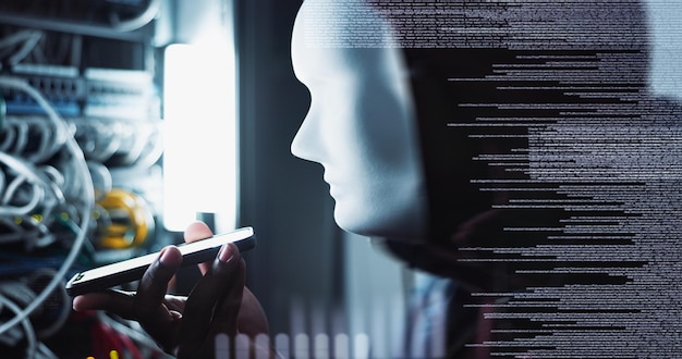 Hacker overlay and phone technology with code for cybersecurity information on web for crime Male person data center or ransomware with mobile for phishing glitch for user with internet files