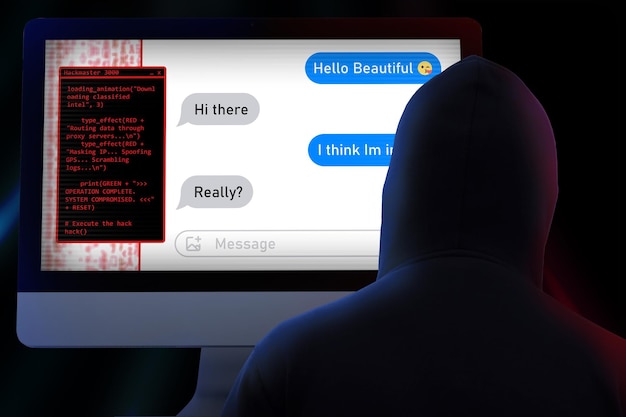 Hacker scams a victim through a dating app representing online fraud and cybercrime
