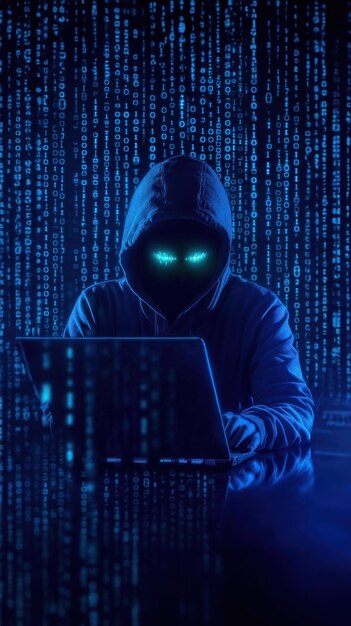 Hacker typing on a laptop with glowing eyes against dark blue binary background programming workshops web development AI programming concepts