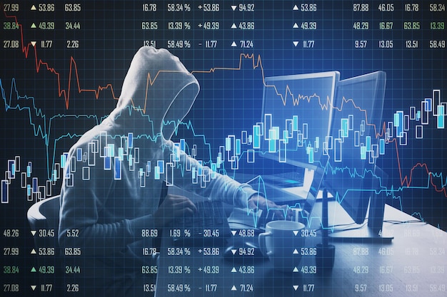 Hacker using computer with business chart and financial analytics