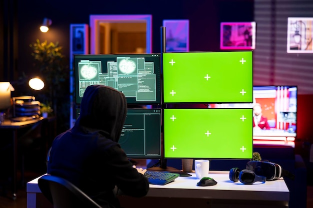 Hacker using exploits on green screen computer to break into systems