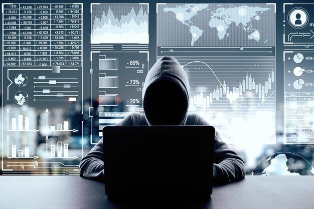 Hacker using laptop on blurry night city background with digital business interface Malware and trade concept Multiexposure