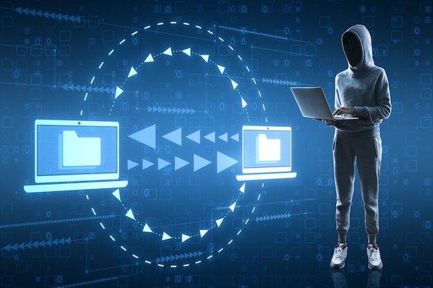 hacker using laptop with creative digital data transfer and exchange folders on blue backdrop backup data virtual document storage or loading on cloud service