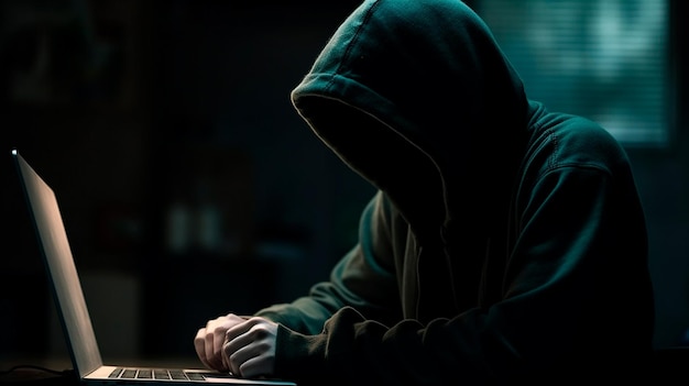 hacker without face in hoodie behind laptop generative ai