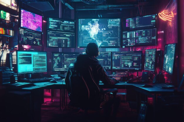 hacker working at a computer station surrounded by multiple monitors displaying code