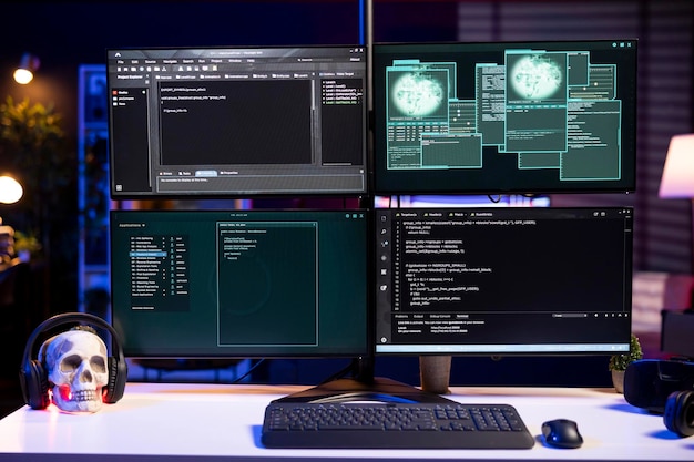 Hacking code scripts running on computer system monitors attacking firewalls programming language