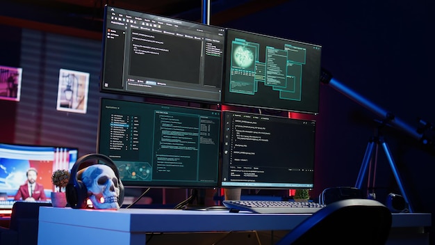 Hacking malware programming script on monitors in underground base