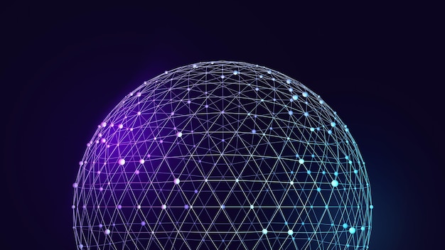 Halfview of digital mesh globe with purple and blue tones on dark background