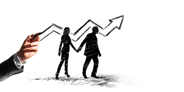 Hand drawing upward arrow with silhouettes of a man and woman holding hands on a white background